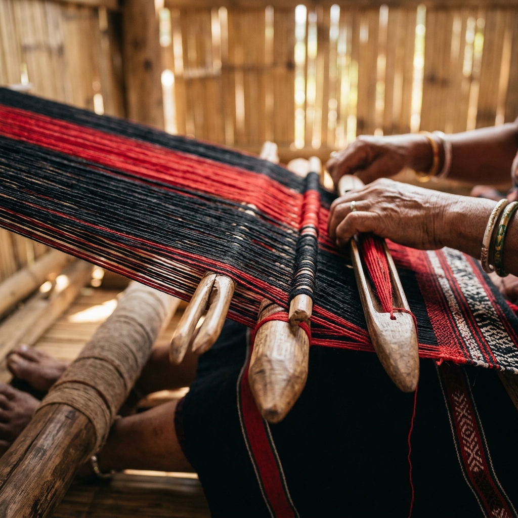 Macro close-up of a traditional Kuki backstrap loin loom with organic cotton warp threads under natural lighting