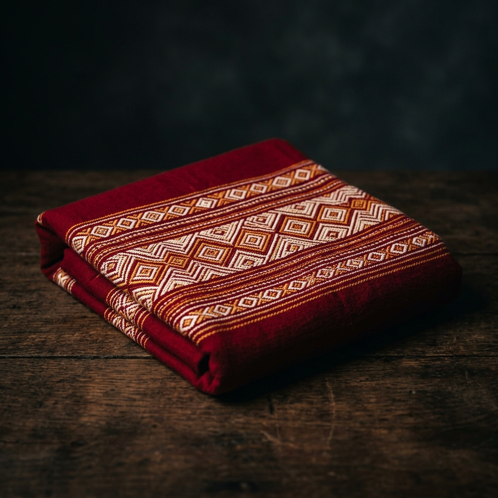 Macro details of the intricate geometric weaving patterns on traditional Kuki Puan fabric
