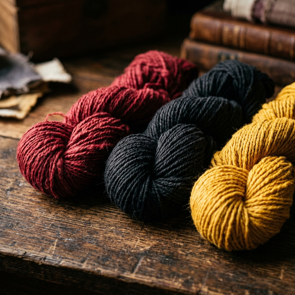 Macro detail of naturally dyed black, crimson red, and saffron yellow organic cotton yarn skeins